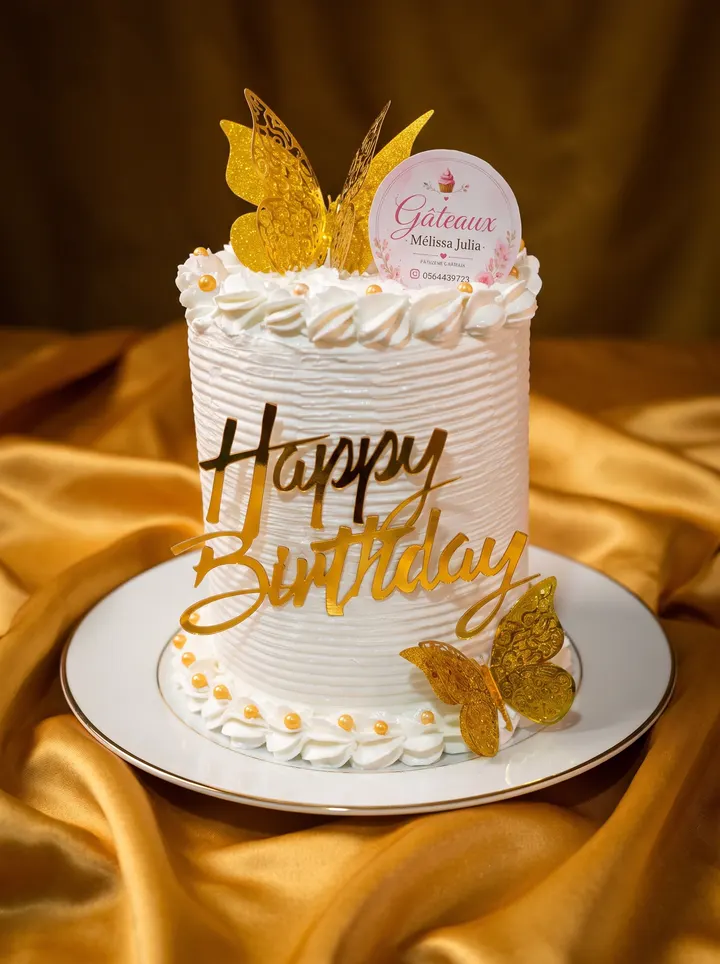 كعكة عيد ميلاد فاخرة بعبارة Happy Birthday ذهبية