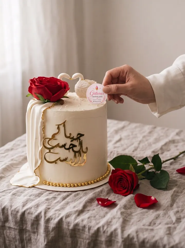 وضع بطاقة العلامة على كعكة العرس