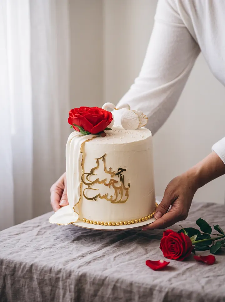 تقديم كعكة عرس بخط عربي ذهبي