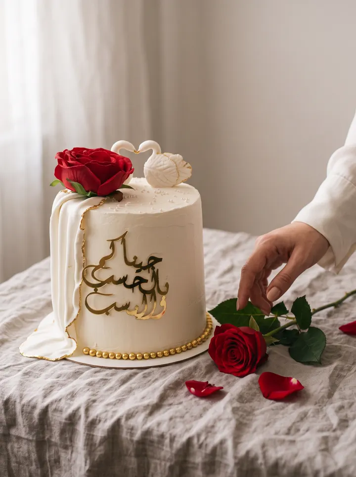 كعكة عرس بجانب وردة حمراء